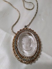 Necklace Carved Glass Cameo Warner Pendant Rhinestones Orig 23″ Chain Vintage