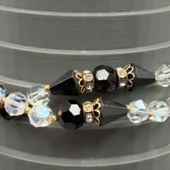 Vintage Black Clear Crystal Beaded Necklace Rhinestone Clasp 15″