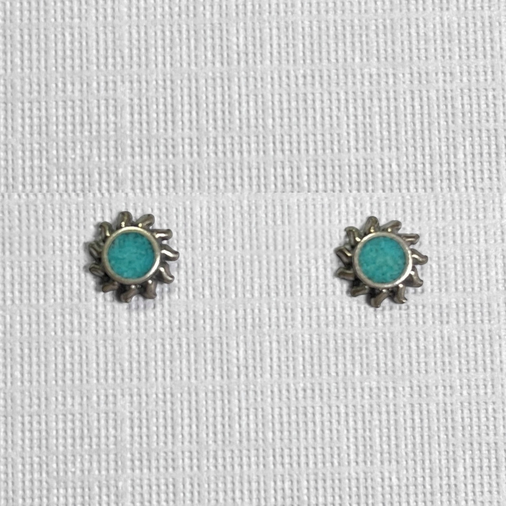 Turquoise Inlay Sunburst Earrings 925 Sterling Silver Small 5/16″ Stud Southwest