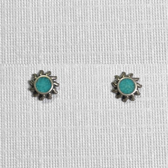 Turquoise Inlay Sunburst Earrings 925 Sterling Silver Small 5/16″ Stud Southwest