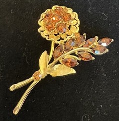 Vintage Signed Weiss Rhinestone Topaz Amber Rhinestone Flower Brooch Leaf Spray