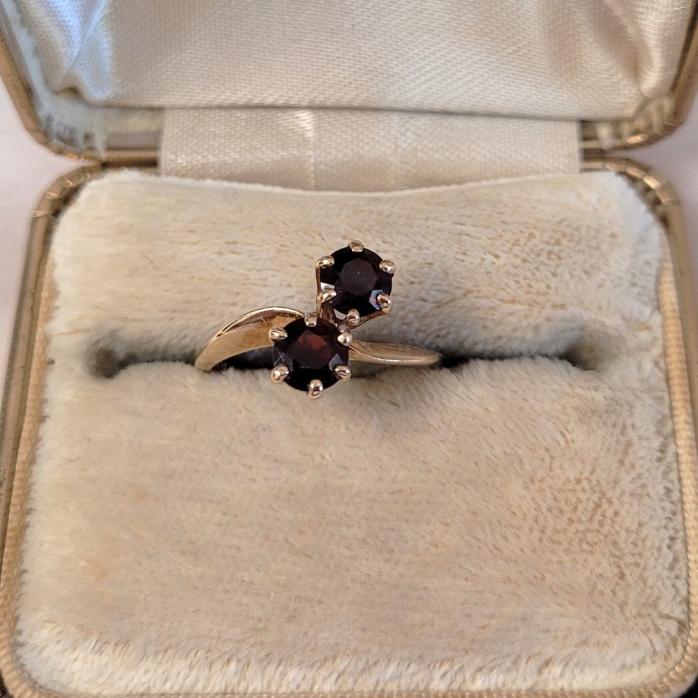 10K Garnet Ring, Vintage SEMCO, Two Stones Bypass Style, Yellow Gold