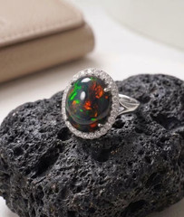 18K Gold Plated Sterling Silver Natural Black Opal Oval Engagement Ring for Her