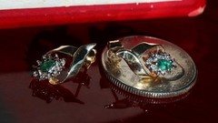 10k yellow gold 0.18c natural diamond earrings emerald dangle treated 1.95g 3219