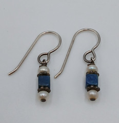 VTG Beaded Dangle Earrings 1in Drop Blue Stone Seed Pearl Silver Tone Estate