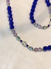 Gorgeous Long Blue Green Clear Crystal Necklace Gold Bead Accents 34” #195
