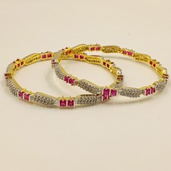 Designer Ruby & Cubic Zirconia Bangle Set Handmade 22K Gold Plated Ethnic Style