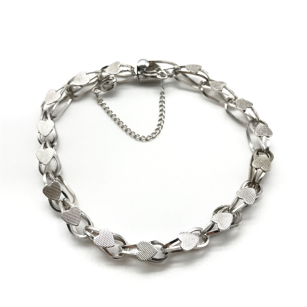 Vintage 925 Sterling Silver Heart Curb Link Safety Chain Charm Bracelet 7.5″