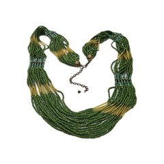 Green Yellow Beaded long Necklace Gold tone Layered 18 Row Scalloped Vtg 32 in