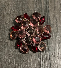 Vintage Cherry Red Pink Marquise & Round Rhinestone Floral Cluster Brooch Pin
