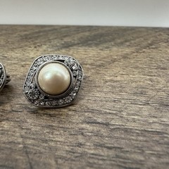 Vintage MONET Clip Earring Faux pearl PAVE crystal accent Silver tone .75 in