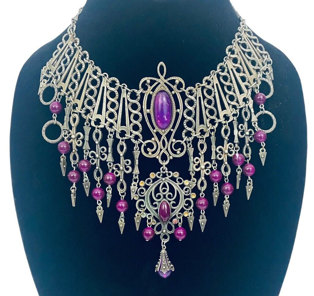Vintage French DLH DEPOSE Necklace Bib Statement Pewter Purple 14.5″ Costume