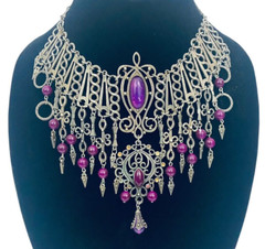 Vintage French DLH DEPOSE Necklace Bib Statement Pewter Purple 14.5″ Costume