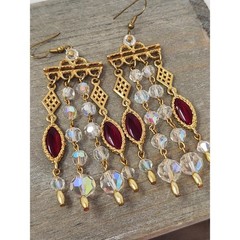 Gold Tone Clear AB Crystal & Red Marquise Glass Dangle Drop Earrings 4″ Long VTG