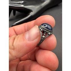 Vintage Lapis Lazuli Oval Filigree Silver Tone Women’s Cocktail Band Ring