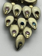 Vintage Articulated Owl Pendant Ivory Enamel Colorful Rhinestones Gold Tone 2.5″