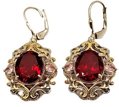 Vintage STS 925 Sterling Silver Red & Pink Faceted Stone Filigree Leverback Earr