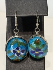 Old Rostov Finift (?) Silver & Hand Painted Domed Porcelain Dangle Earrings