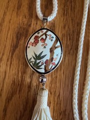 Vintage Asian Cloisonné Floral Tassel Pendent On Cream cord Necklace 30” Estate