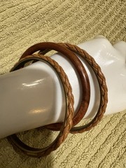 3 Vintage Bangles Wood, Leather, And Gold Tone