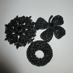 3 Vintage Mid-Century Jet Black Rhinestone Brooches Set Japanned Metal