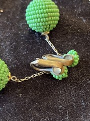 Vintage Green Glass Seed Bead Dangle Drop Clip On Earrings Go Go Style 2”