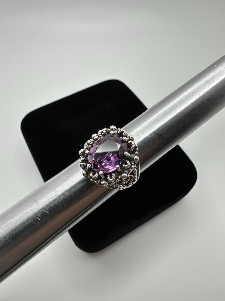Vintage Ornate Purple Sapphire Sterling Silver Ring Signed TB Size 6.25