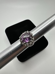Vintage Ornate Purple Sapphire Sterling Silver Ring Signed TB Size 6.25