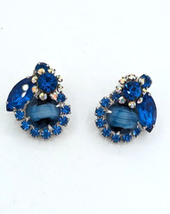 Vintage JULIANA Earrings D&E Blue Art Glass Rhinestone Clip Verified 5509