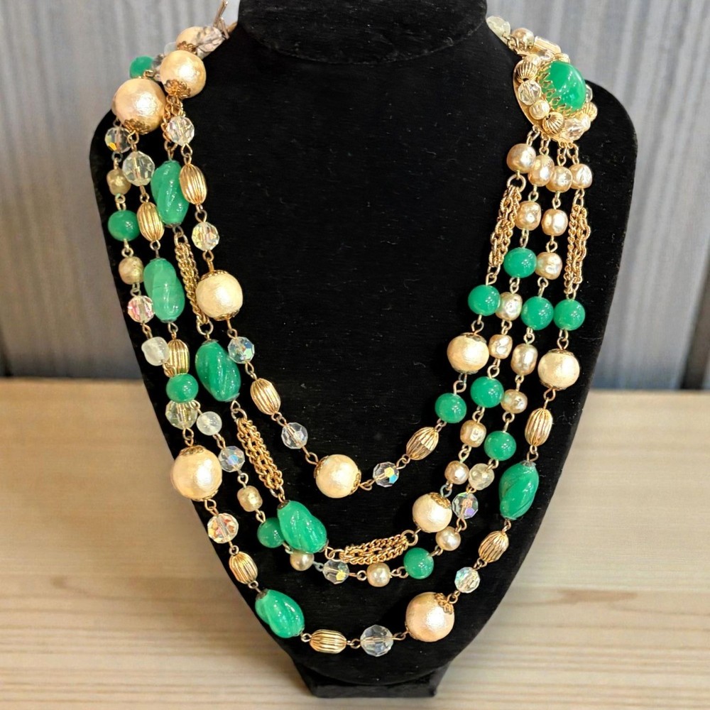 1950s Weiss? Multi Strand Faux Jade Cotton Pearl Crystal Bead Bib Necklace