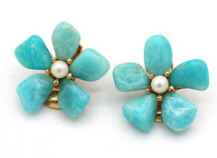 Vintage Swoboda Turquoise & Pearl GoldTone Flower Clip On Earrings
