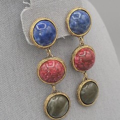Long Dangle Drop Clip On Earrings Dyed Howlite Cabochons Bronze Color Vintage