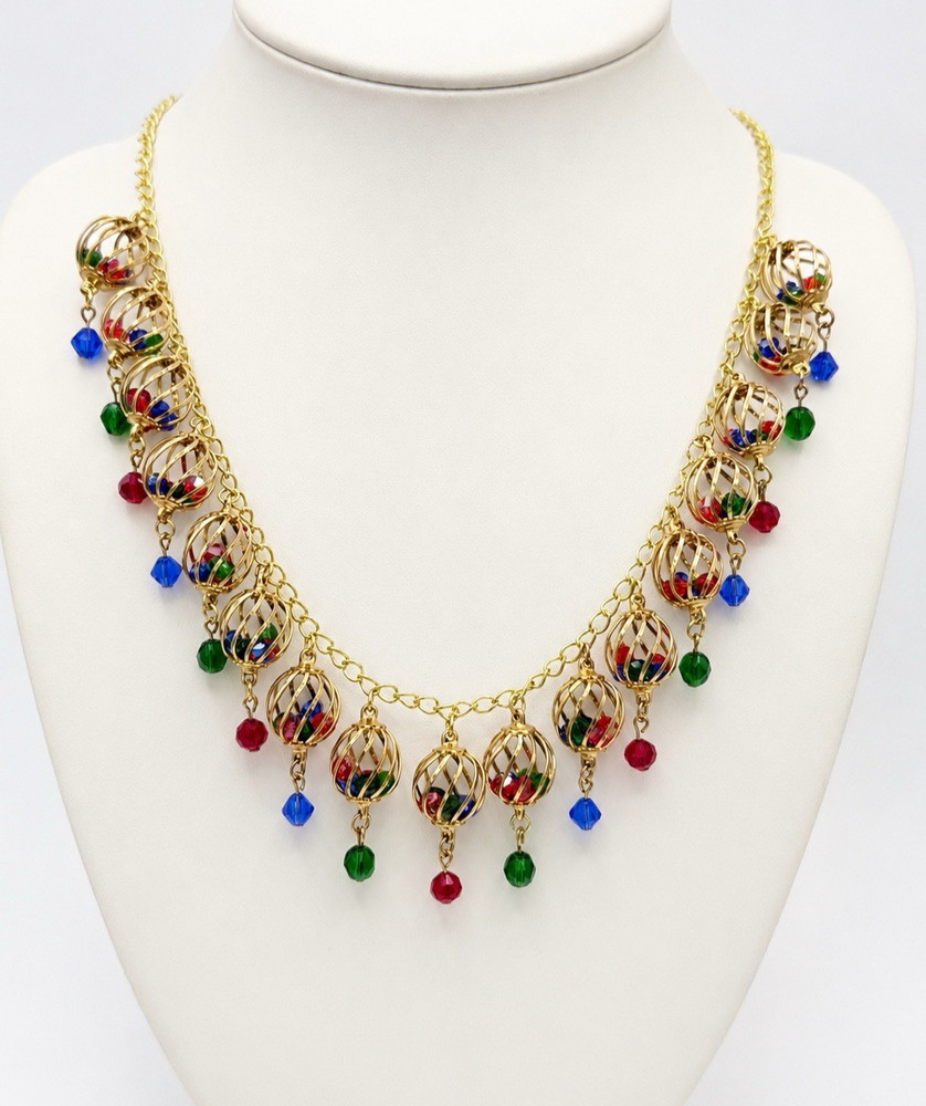 Vintage Festive Gold Tone Colorful Cage Bead Necklace Red Green Blue 21″