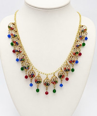 Vintage Festive Gold Tone Colorful Cage Bead Necklace Red Green Blue 21″