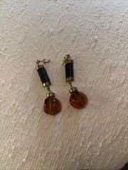 Vintage Amber Gold and Black Pierced Earrings.