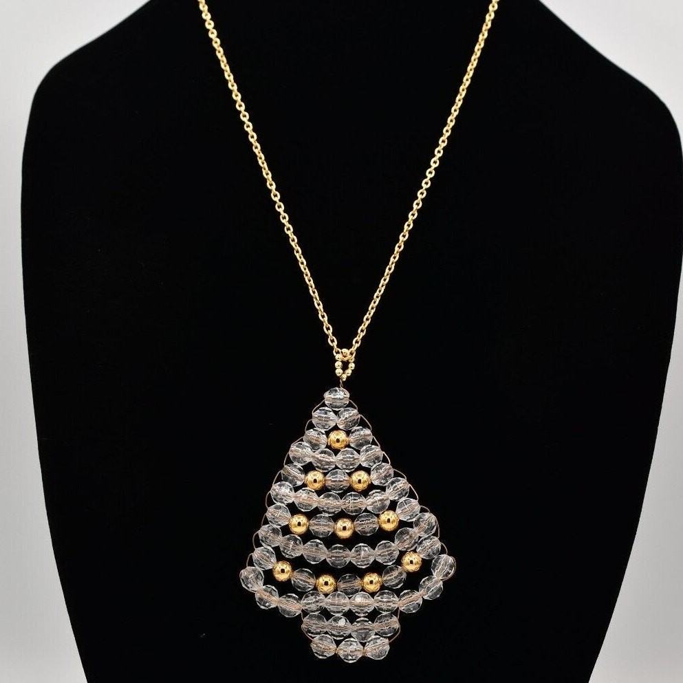 Vintage Beaded Christmas Tree Pendant Necklace Lucite Beaded Clear 1990s BinBD