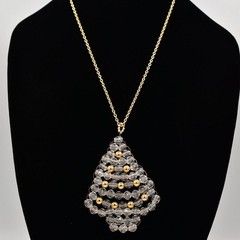 Vintage Beaded Christmas Tree Pendant Necklace Lucite Beaded Clear 1990s BinBD