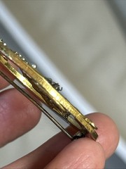 53. Vintage Miriam Haskell Gold tone Faux Pearl Oval Open Work Pin 45mm. As Is