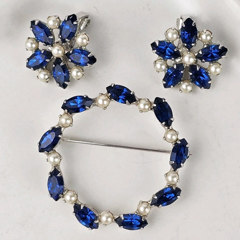 Vintage B. David Brooch & Clip Earrings Set Blue Navette Rhinestone & Faux Pearl