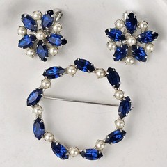 Vintage B. David Brooch & Clip Earrings Set Blue Navette Rhinestone & Faux Pearl