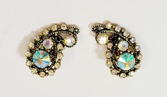 Vintage Gold Tone AB Rhinestone Rivoli Paisley Earrings