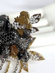 Large Vintage Rhinestone French Poodle Dog Brooch Pearls Leaves Dangling Chains