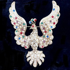 Magnificent Vintage Rhinestone Fantasy Bird Brooch – Jeweled Peacock Phoenix Pin