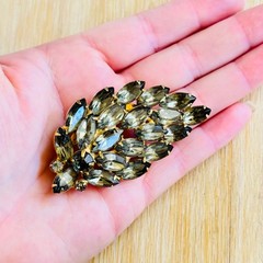 VTG Leaf Jeweled Brooch Marquise Smoky Gray Crystal Rhinestone Floral 60s