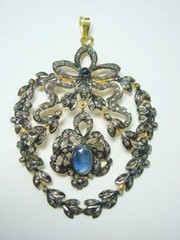 3.03ct Rose Cut Diamond 925 Sterling Silver Sapphire Victorian Look Pendent
