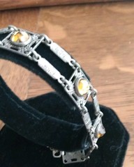 Antique Art Deco Silver Wash Czech Gold Glass 7-8 Inch Link Bracelet Draw String