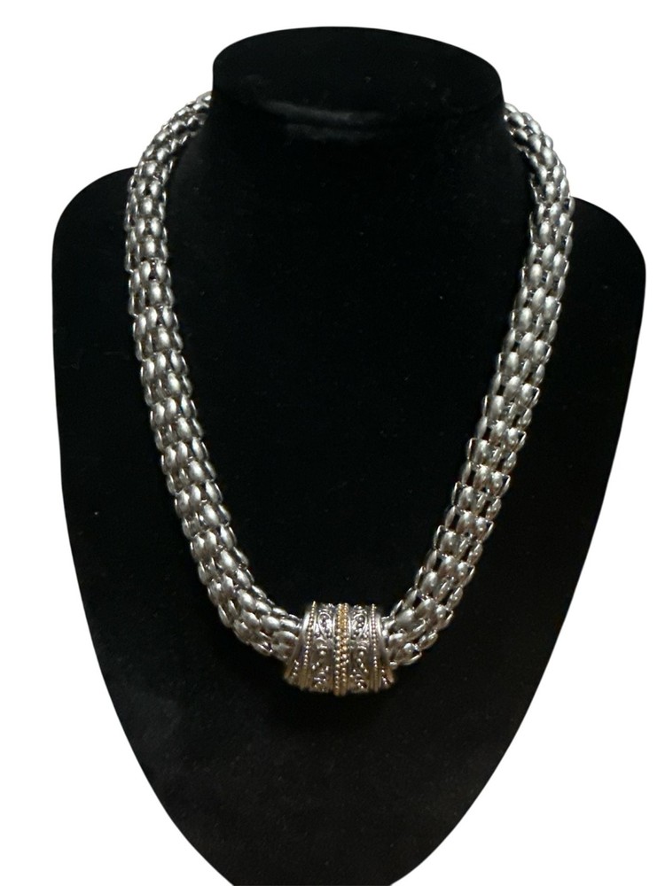 Vintage Two-Tone Silver and Gold Tone Woven Mesh Magnetic Clasp Necklace