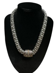 Vintage Two-Tone Silver and Gold Tone Woven Mesh Magnetic Clasp Necklace