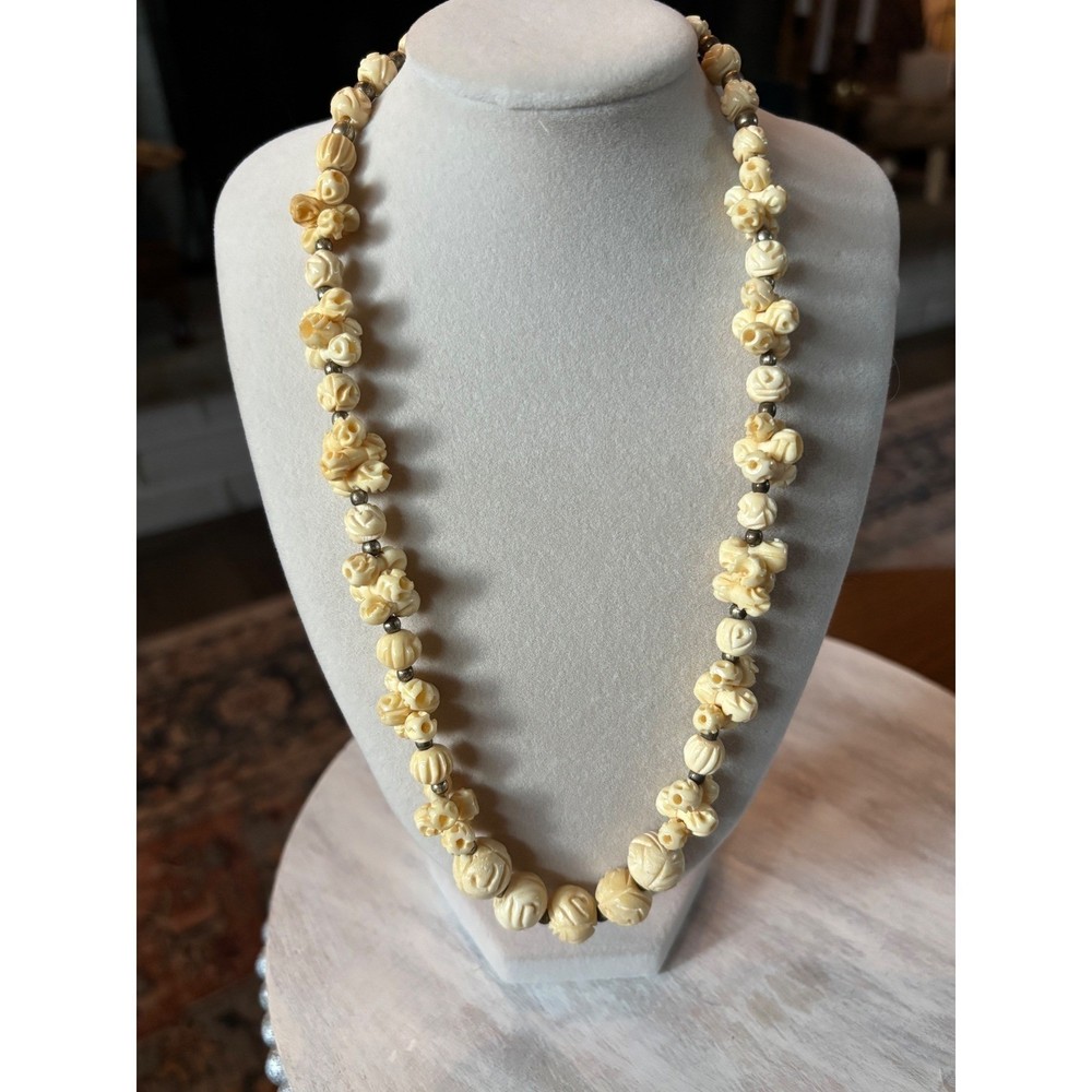 1950s 1960s Hand Carved Roses Statement Necklace Retro Boho Brass Spacers hook