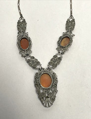 Vintage 800 Silver Filigree Cameo Parure Necklace, Earrings, and Bracelet Set